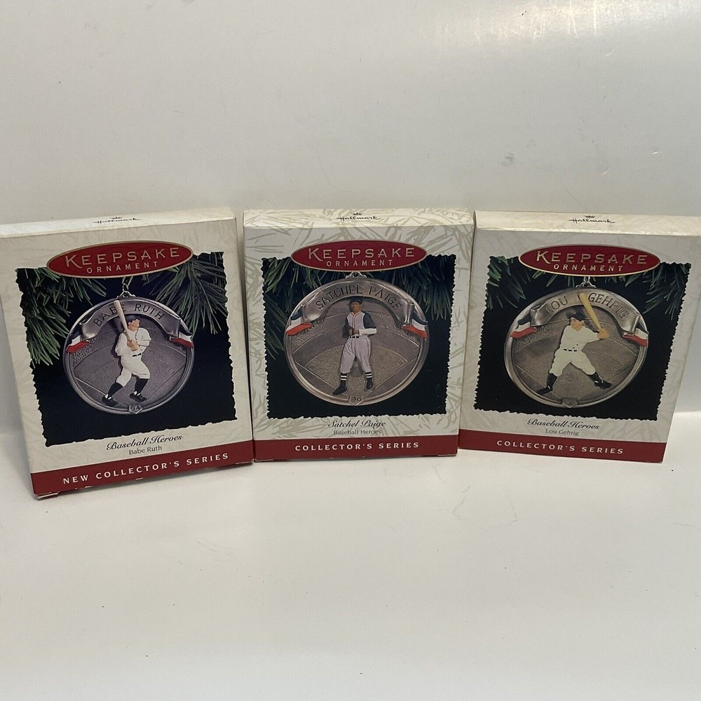 Hallmark Keepsake Ornaments Baseball Heroes B. Ruth,Lou Gehrig, Satchel Paige